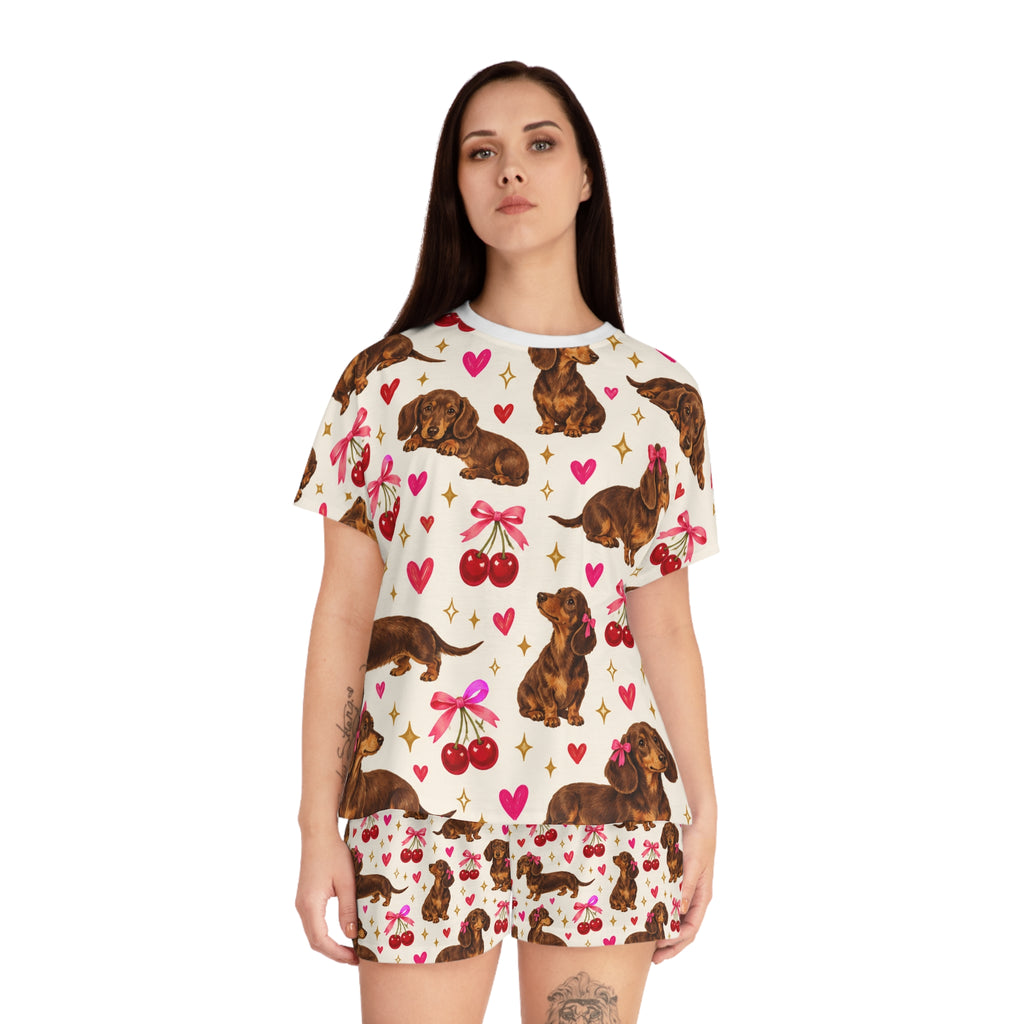 Dachshund & Cherries Women's Short Pajama Set — Cute Dog Print Sleepwear