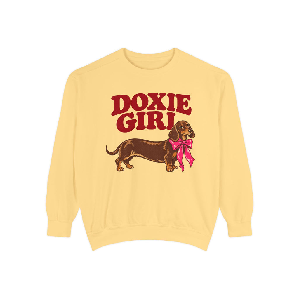 Doxie Girl Sweatshirt — Retro Dachshund Graphic Cozy Pullover
