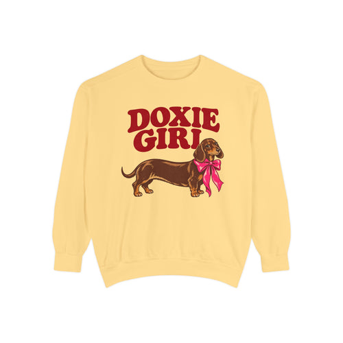 Doxie Girl Sweatshirt — Retro Dachshund Graphic Cozy Pullover