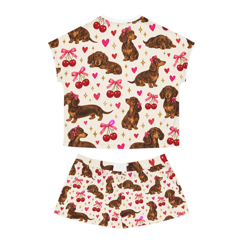 Dachshund & Cherries Women's Short Pajama Set — Cute Dog Print Sleepwear