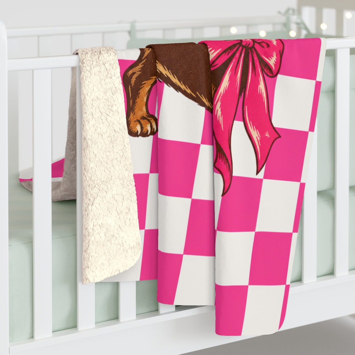Doxie Girl Pink Checkerboard Sherpa Blanket