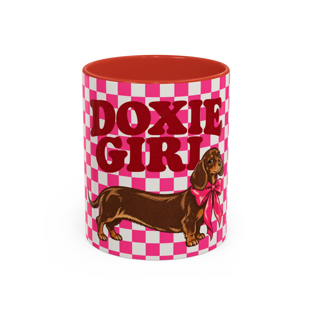 Doxie Girl Pink Checkerboard Mug  Pink Checkerboard Dachshund Accent Mug