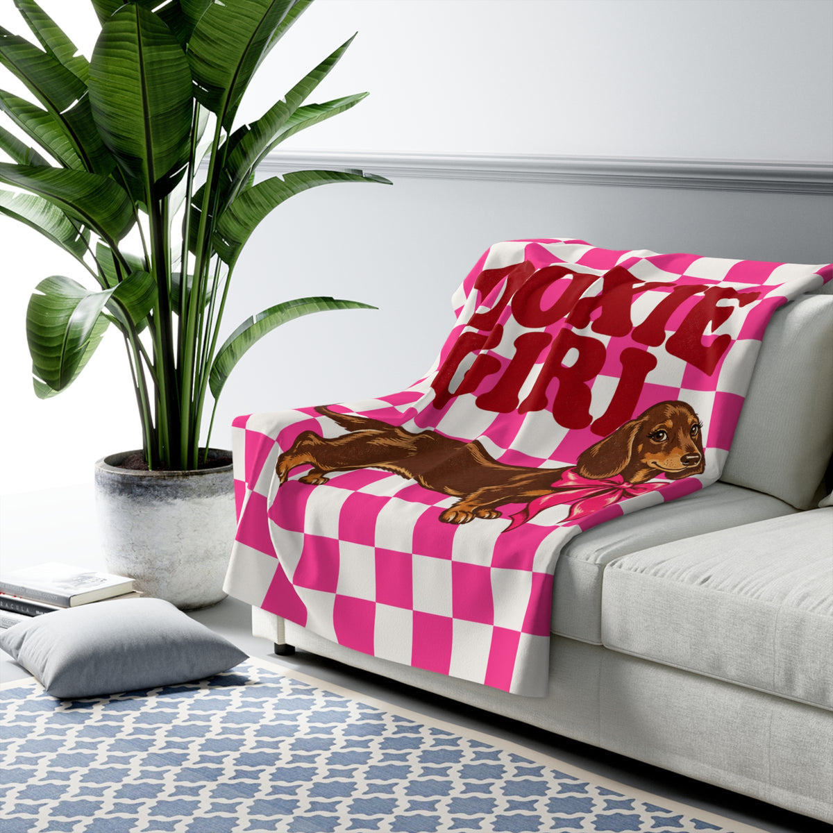 Doxie Girl Pink Checkerboard Sherpa Blanket