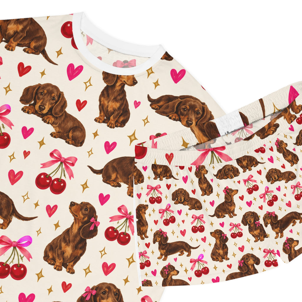 Dachshund & Cherries Women's Short Pajama Set — Cute Dog Print Sleepwear