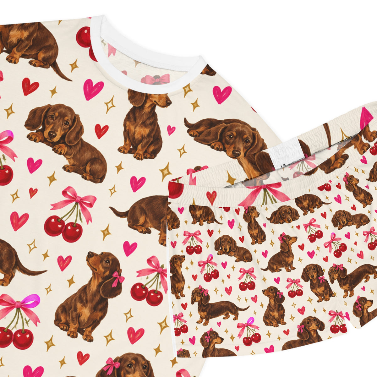 Dachshund & Cherries Women's Short Pajama Set — Cute Dog Print Sleepwear